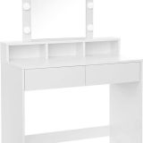 ZaZa Home & Office - kaptafel met spiegel en gloeilampen - cosmetische tafel - 2 lades - 3 open vakken - wit